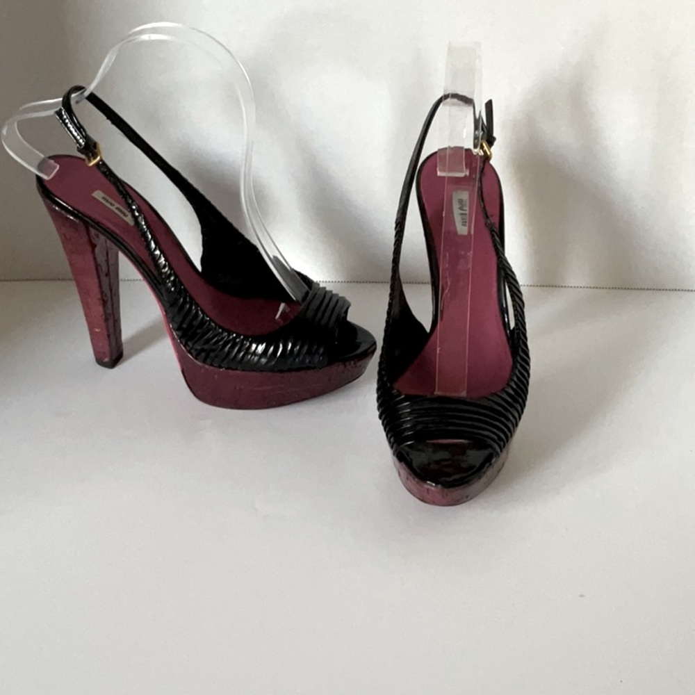 Miu Miu Black Patent Leather Slingback Heels with Burgundy Platform